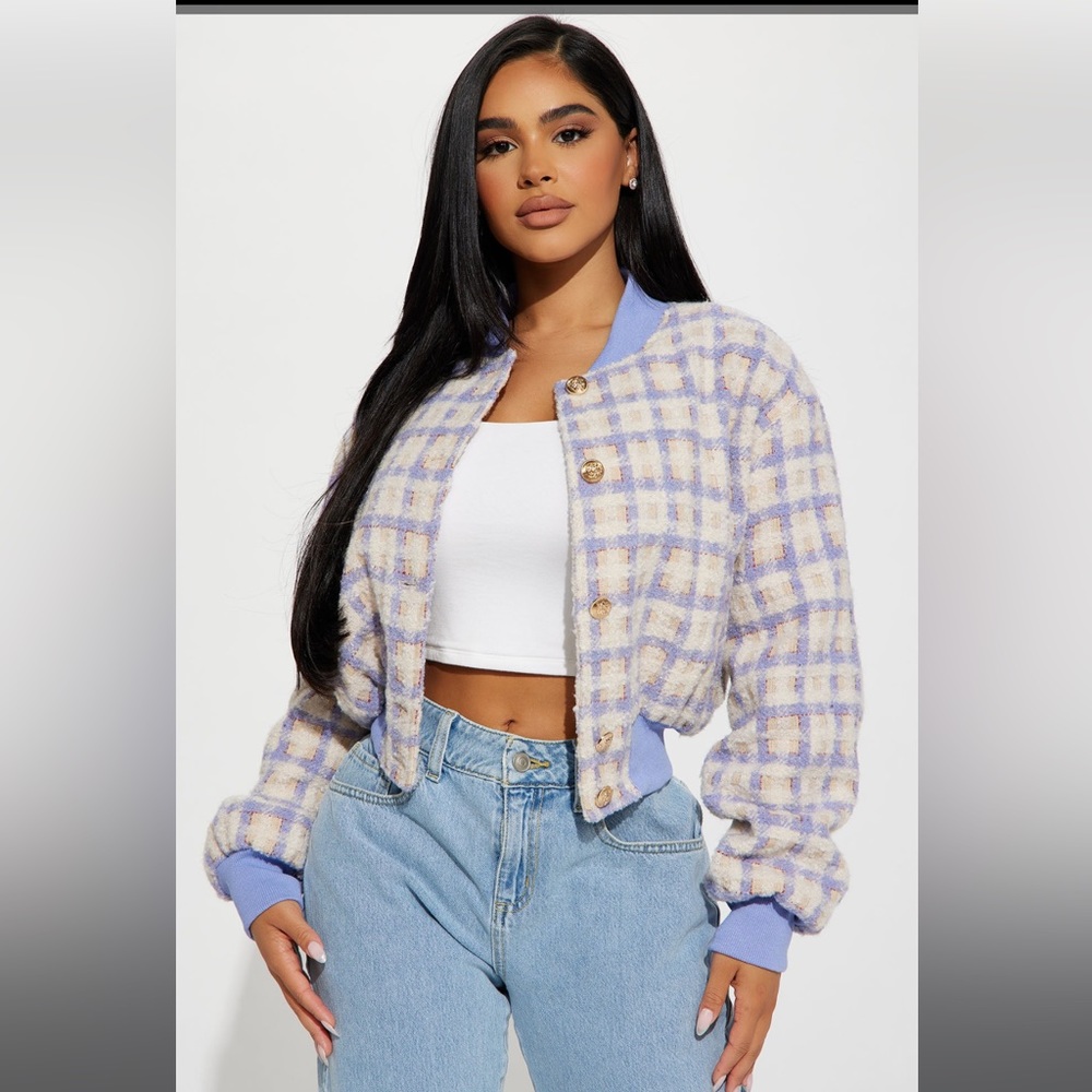 Tweed crop bomber jacket lavender blue pink